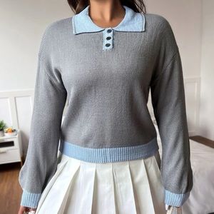 Colorblock Polo Neck Sweater (Gray/Blue)